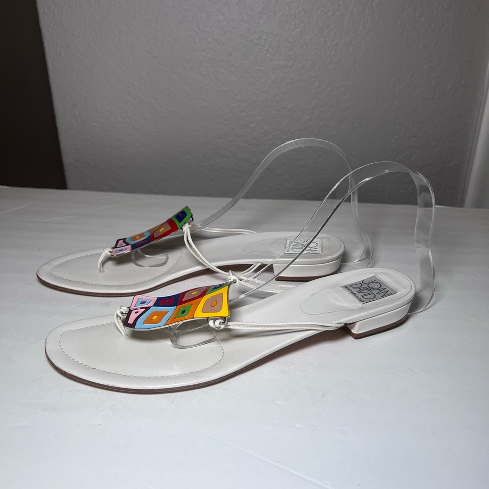 Joan & David Multicolor Geometric Mosaic Embellished White Thong Sandals - Picture 6 of 11